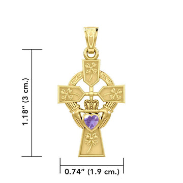 Claddagh Celtic Cross with Lucky Four Leaf Clover 14K Yellow Gold Pendant GPD5359 - Jewelry